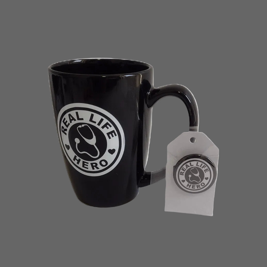 Real Life Hero" Black Mug & 1.5" Matching Pin-Button, Gift Set