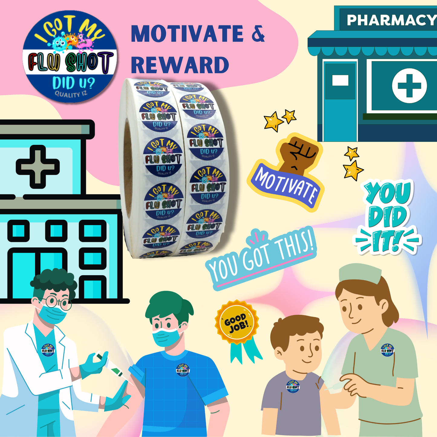 I Got My Flu Shot Did U?, 1" Blue Colorful Stickers (100 Per Roll)