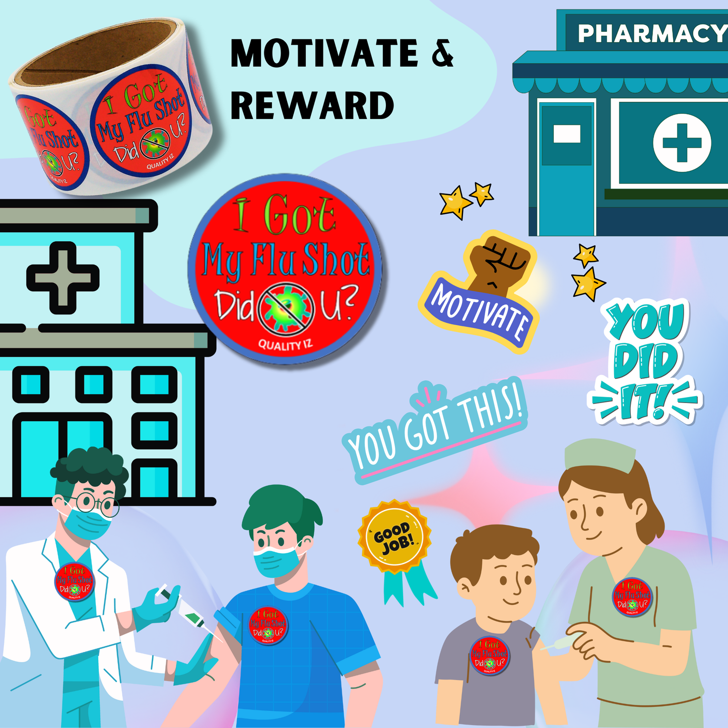 I Got My Flu Shot Did U?, 2" Red Stickers (100/roll)
