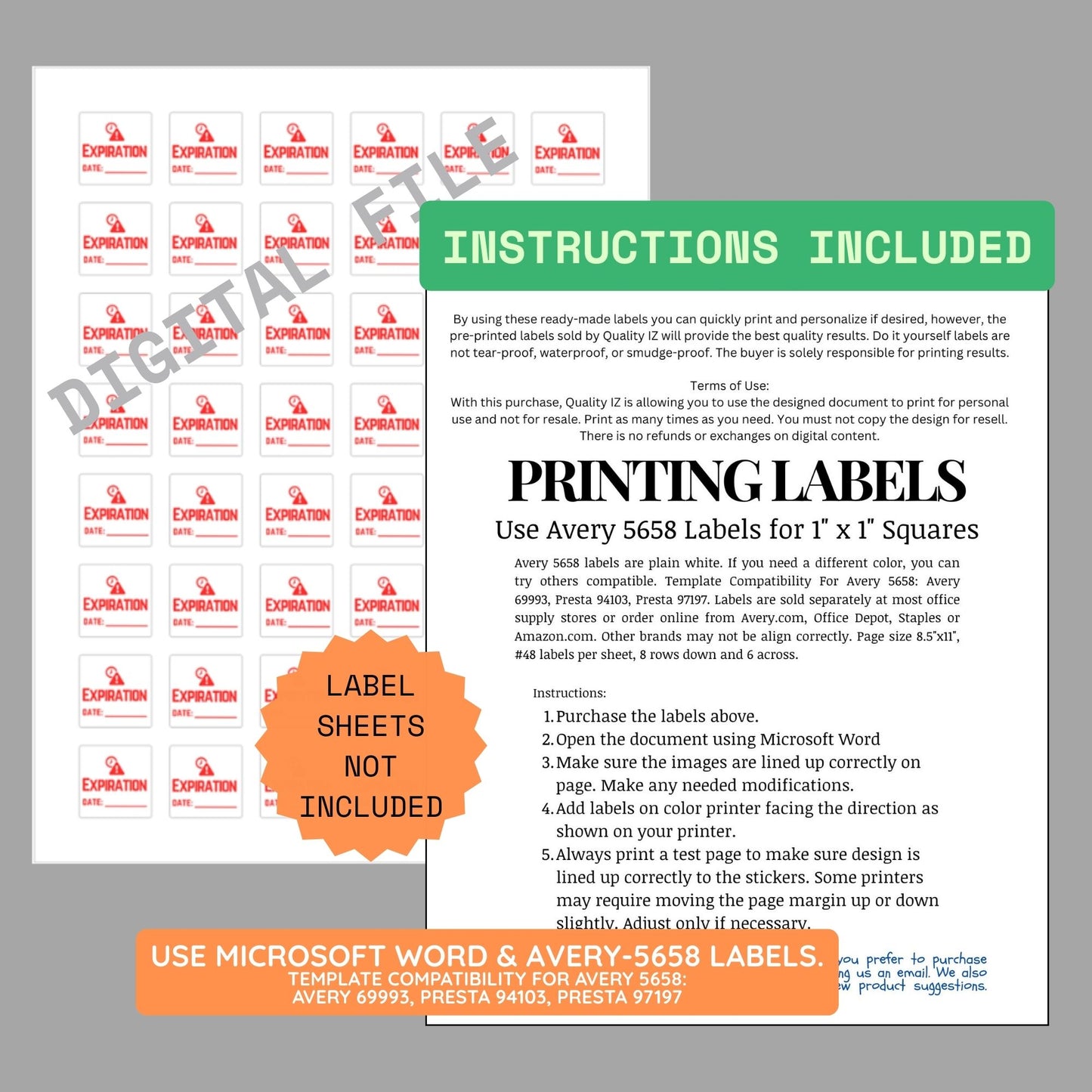 Digital File, DIY, 1x1" Expiration Date Labels, Printable Digital File, Red Bright Design Template