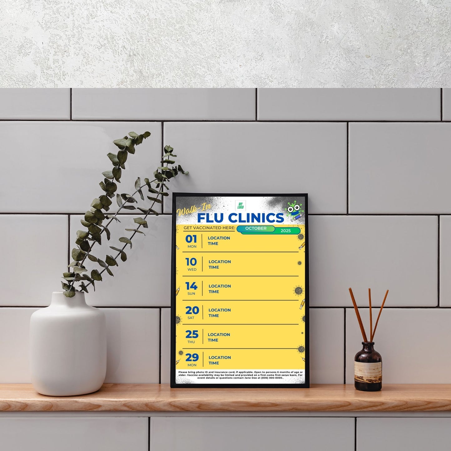 Digital File, Flu Clinics Schedule Template, Yellow, Digital Edit, Printable 8.5"x11"