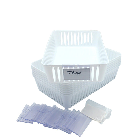 8 Storage Baskets 9.5" x 5.5" & 12 Label Holders With Cards, White