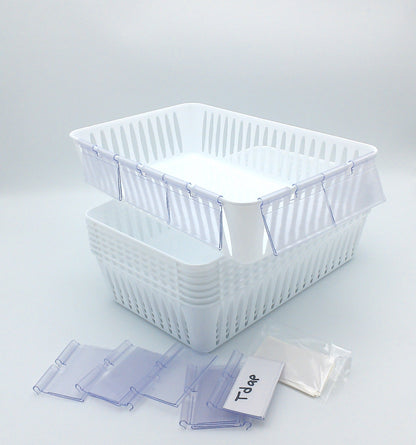 8 Storage Baskets 9.5" x 5.5" & 12 Label Holders With Cards, White