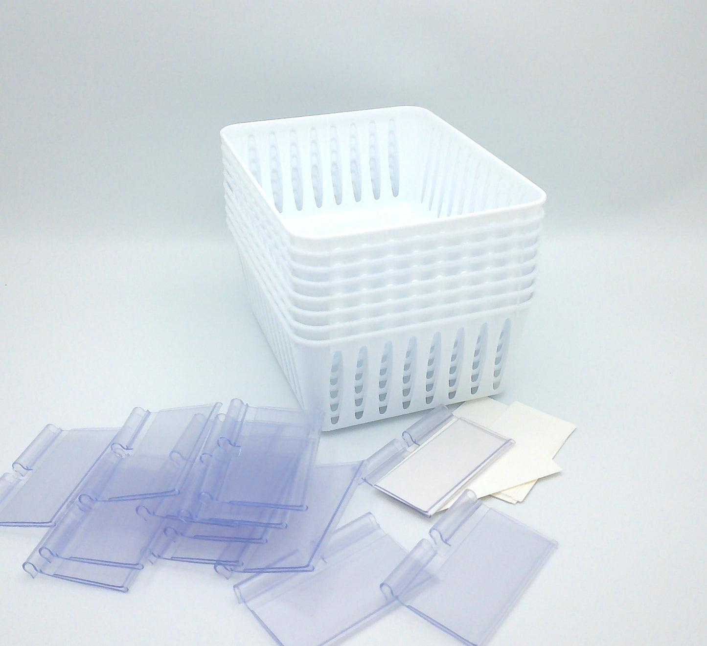 8 Storage Baskets 6.25" x 4.75" & 12 Label Holders With Cards, White