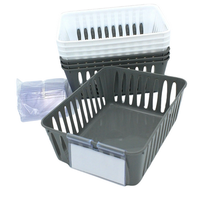 8 Storage Baskets 6.25" x 4.75" & 12 Label Holders With Cards, Grey & White