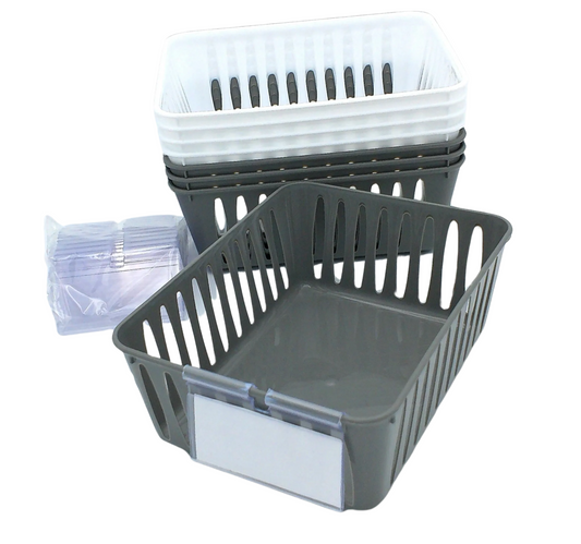 8 Storage Baskets 6.25" x 4.75" & 12 Label Holders With Cards, Grey & White