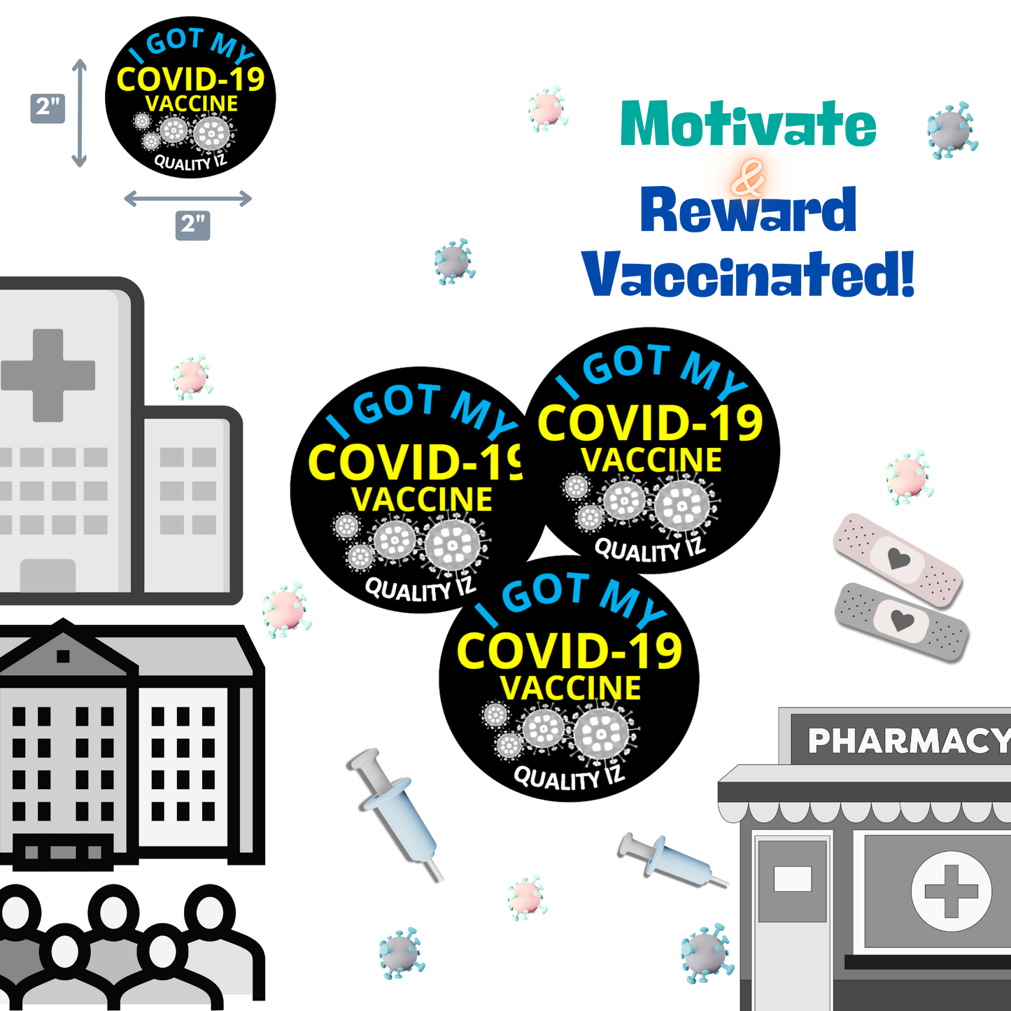 2", I Got My COVID-19 Vaccine, Stickers (Black; 50pk)