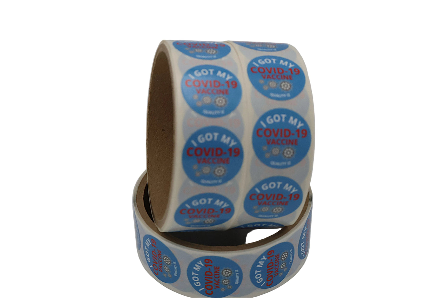 Roll of round stickers with 'I got my COVID-19 vaccine' text on a white background
