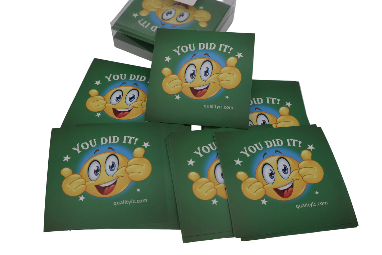 Green cards with cartoon character and 'You Did It!' text on a white background