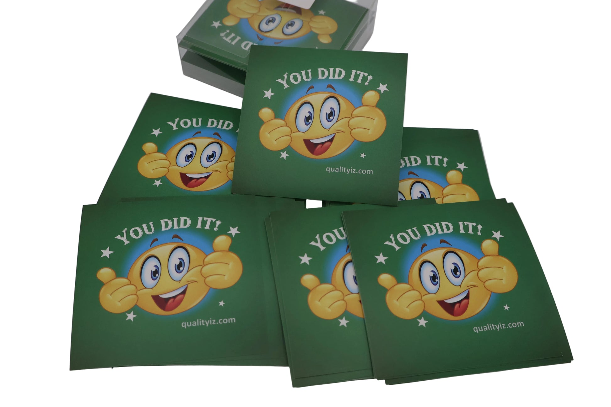 Green cards with cartoon character and 'You Did It!' text on a white background