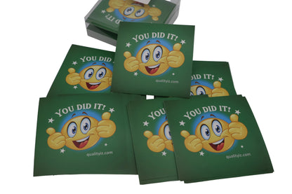 Green cards with cartoon character and 'You Did It!' text on a white background