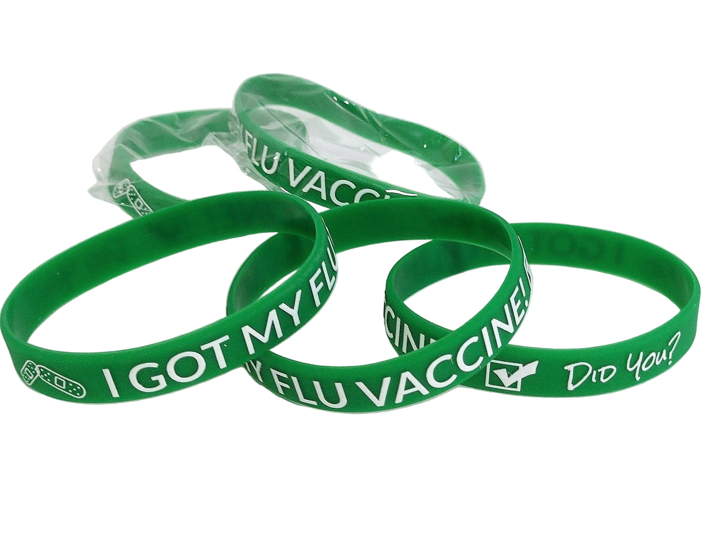 I Got My Flu Vaccine! Did You?, Printed Silicone Wristbands (Green, 5-Pk Standard or XL)