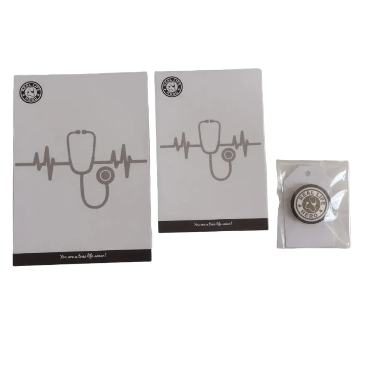 Real Life Hero" Black 14oz Mug, Notepads, & Matching 1.5" Button, Gift Set
