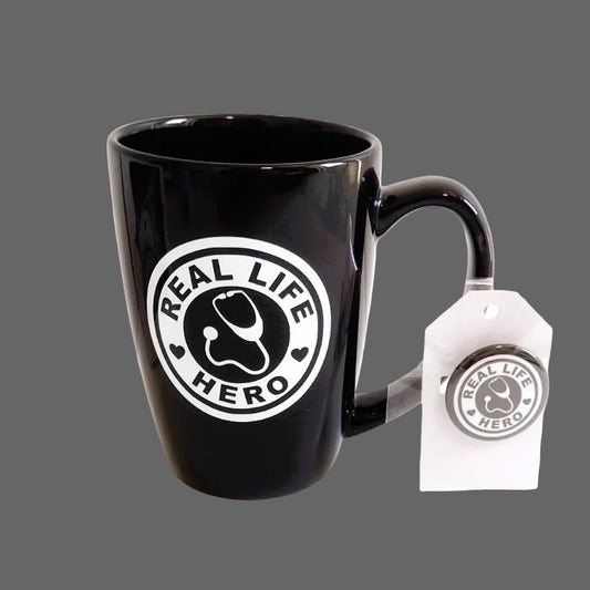 Real Life Hero" Black Mug & 1.5" Matching Pin-Button, Gift Set