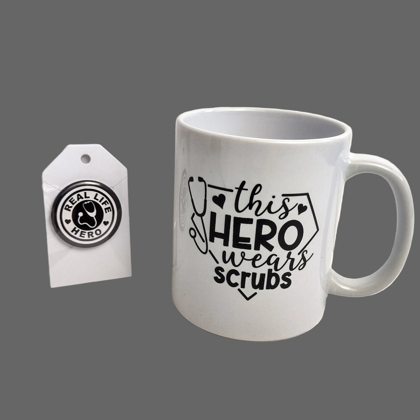 This Hero Wears Scrubs" White 11oz Mug & 1.5" Real Life Hero Pin-Button
