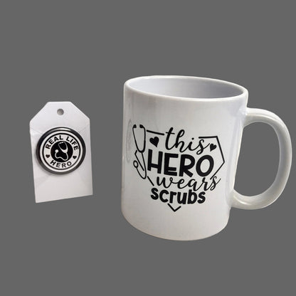 This Hero Wears Scrubs" White 11oz Mug & 1.5" Real Life Hero Pin-Button
