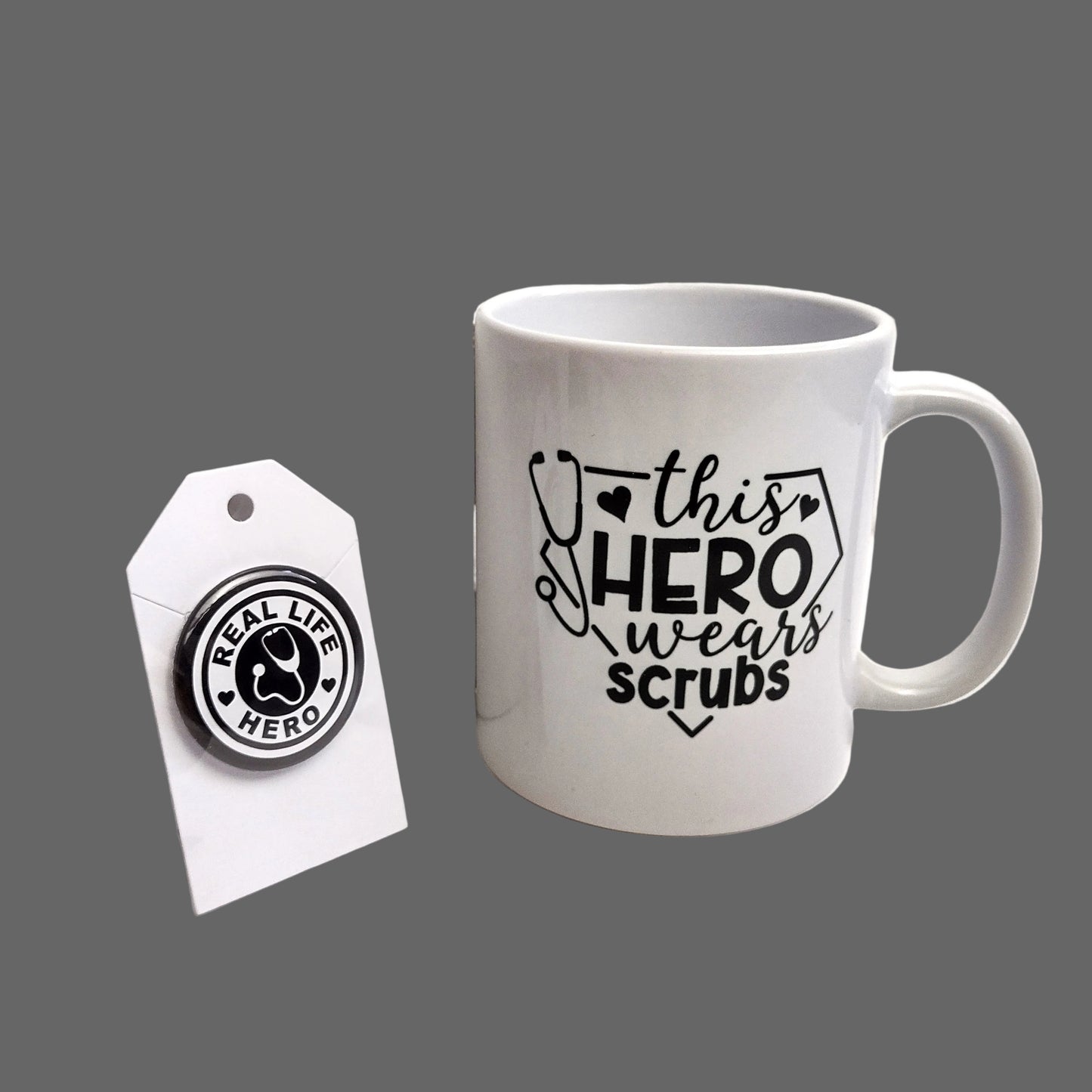 This Hero Wears Scrubs" White 11oz Mug & 1.5" Real Life Hero Pin-Button