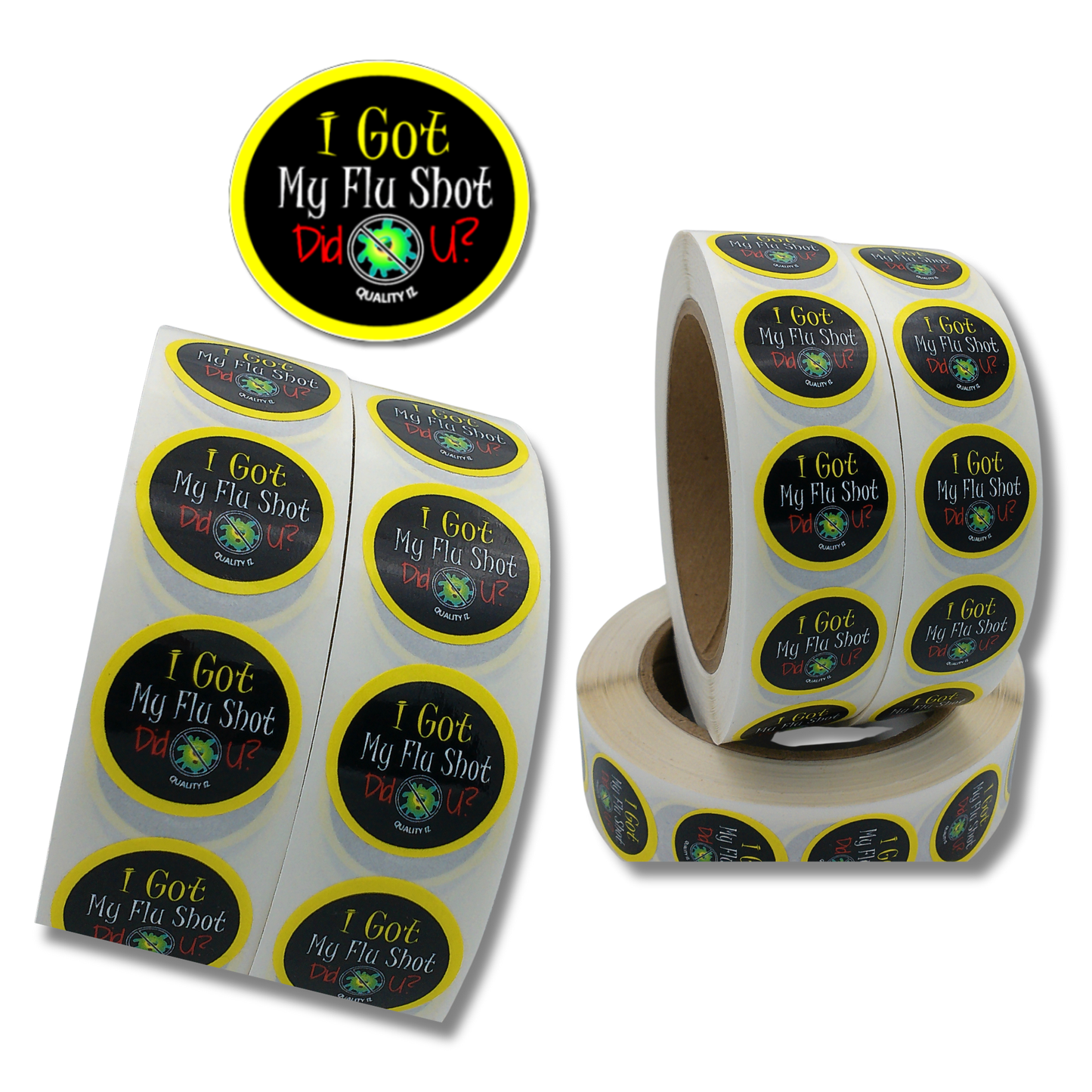 I Got My Flu Shot Did U?, 1" Black Stickers (100/Roll)