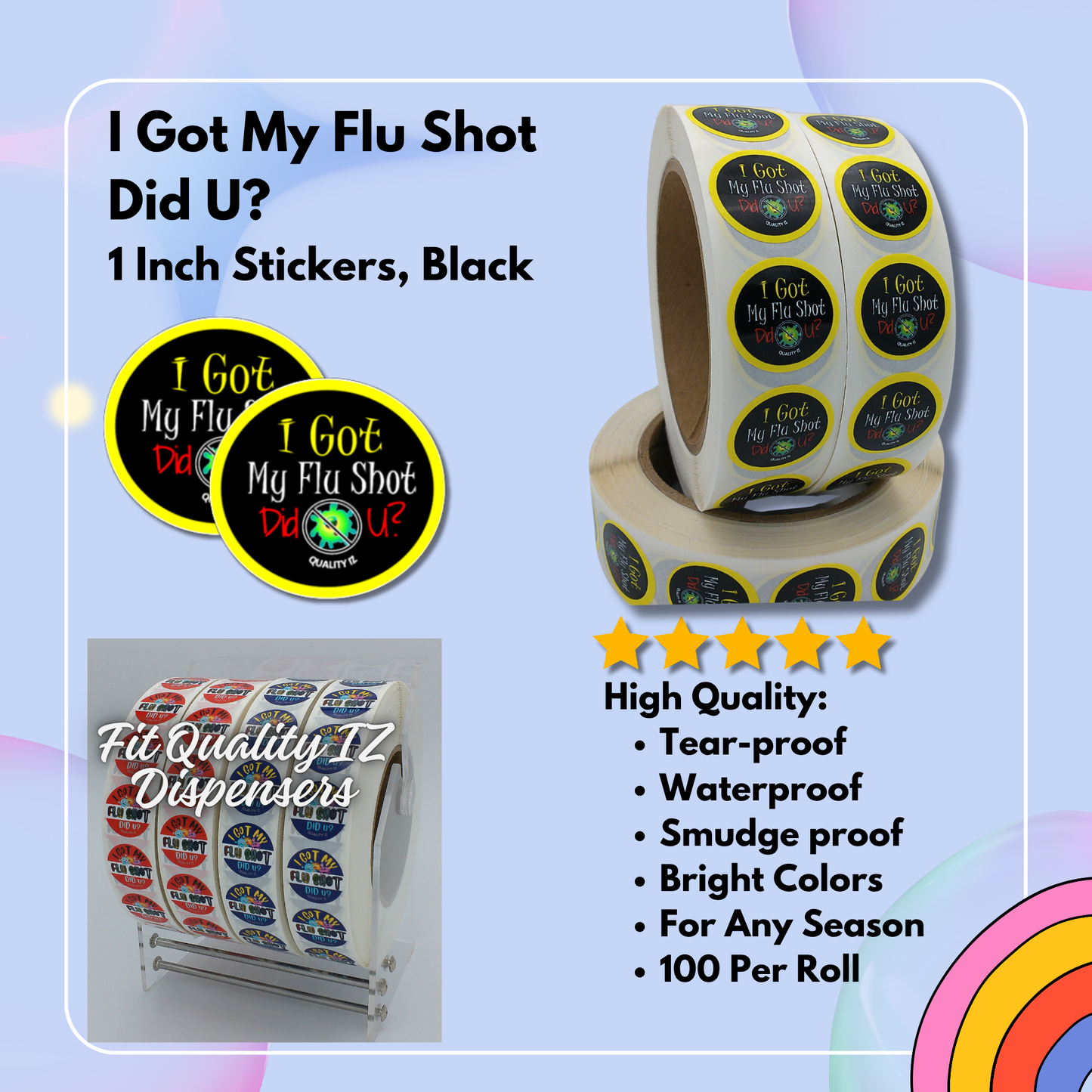 I Got My Flu Shot Did U?, 1" Black Stickers (100/Roll)