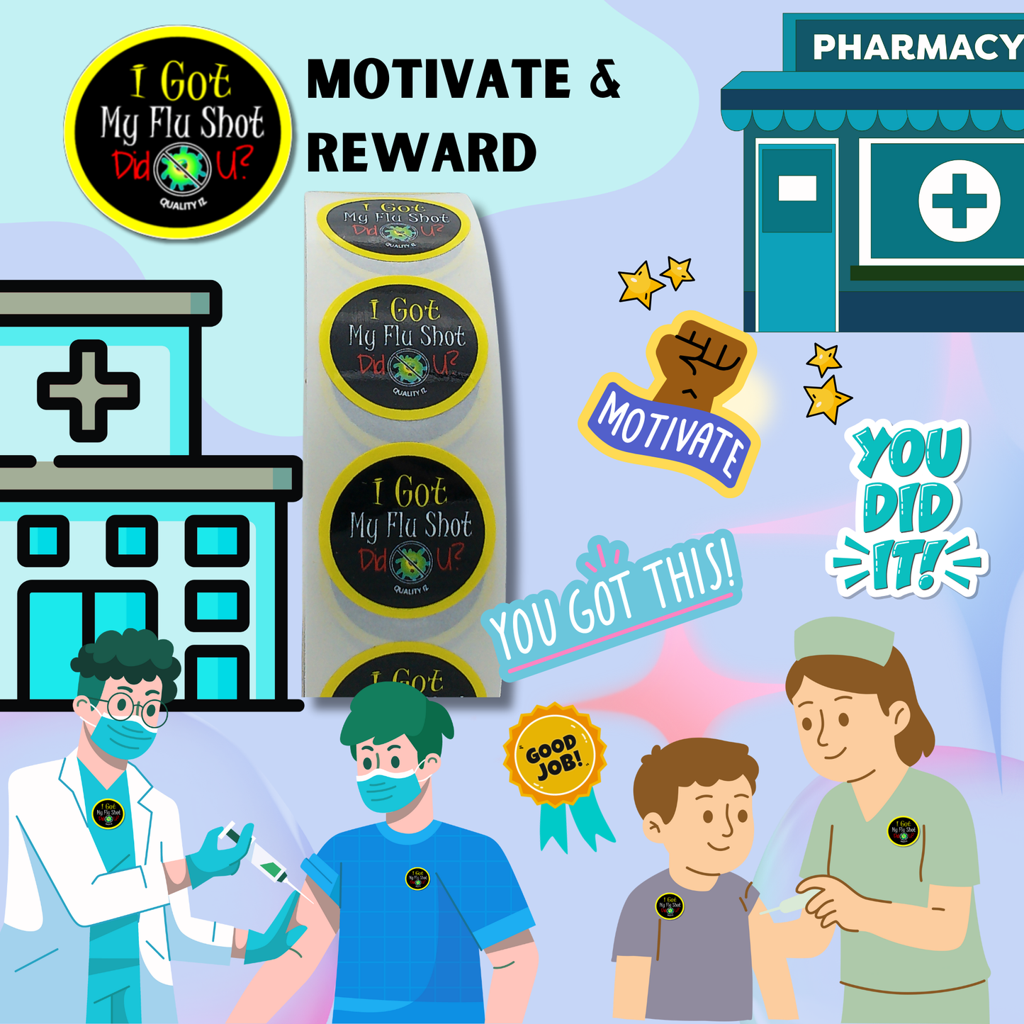 I Got My Flu Shot Did U?, 1" Black Stickers (100/Roll)