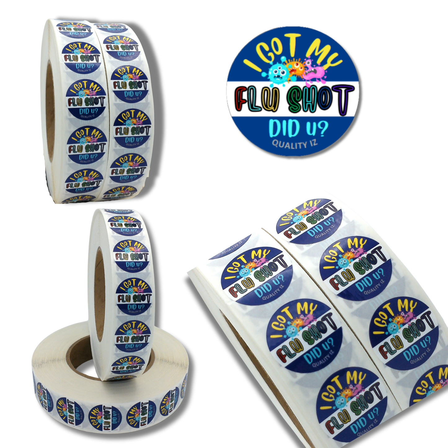 I Got My Flu Shot Did U?, 1" Blue Colorful Stickers (100 Per Roll)