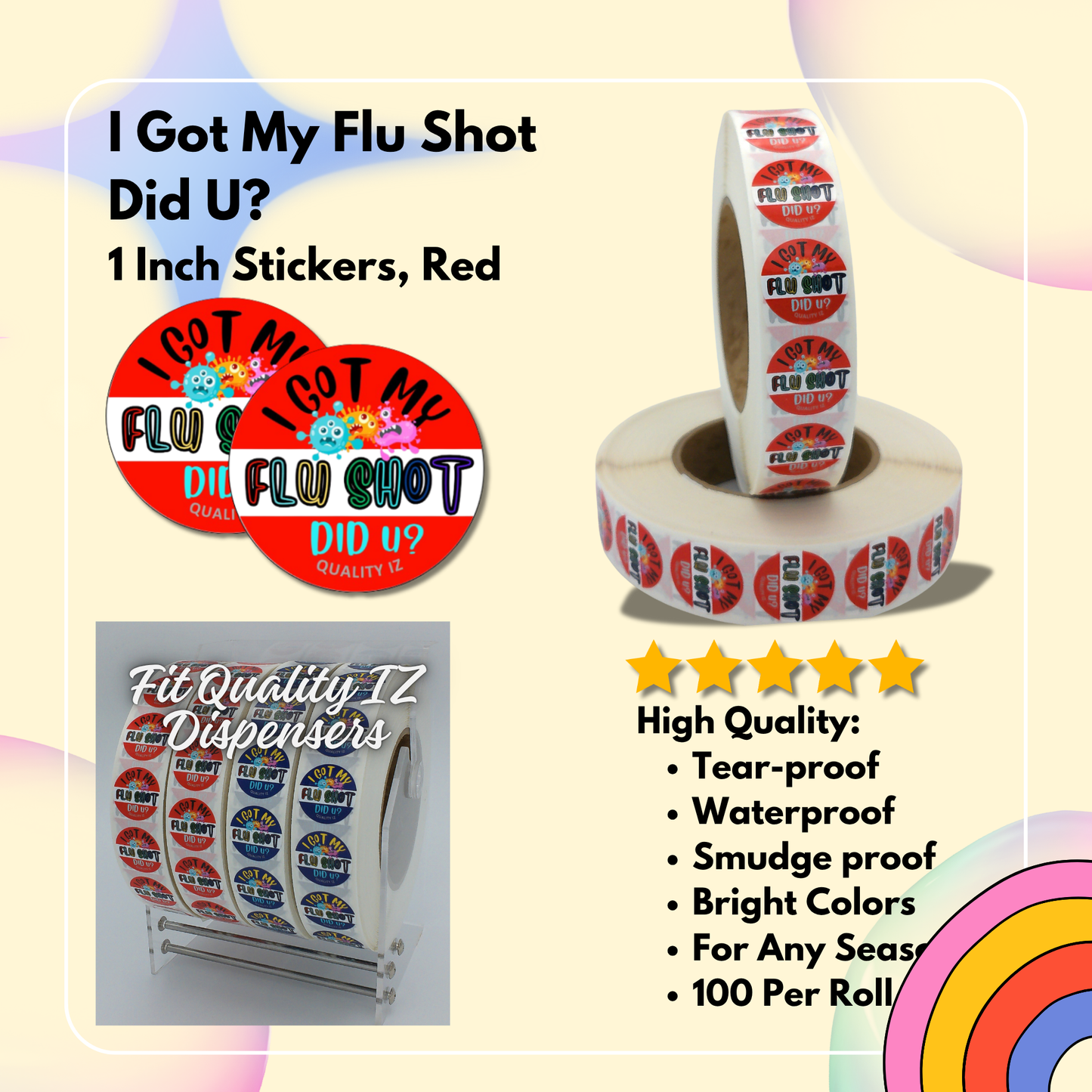 I Got My Flu Shot Did U?, 1" Red Colorful Stickers (100 Per Roll)