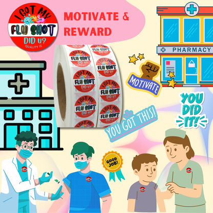 I Got My Flu Shot Did U?, 1" Red Colorful Stickers (100 Per Roll)