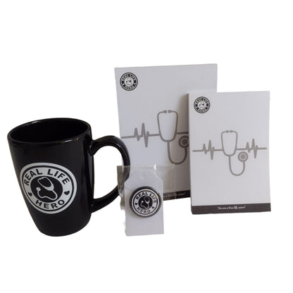 Real Life Hero" Black 14oz Mug, Notepads, & Matching 1.5" Button, Gift Set