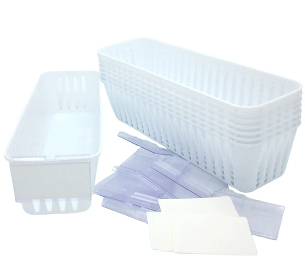 8 Storage Baskets 10x3" & 12 Label Holders With Cards, White
