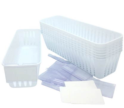 8 Storage Baskets 10x3" & 12 Label Holders With Cards, White