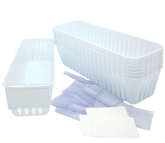 8 Storage Baskets 10x3" & 12 Label Holders With Cards, White
