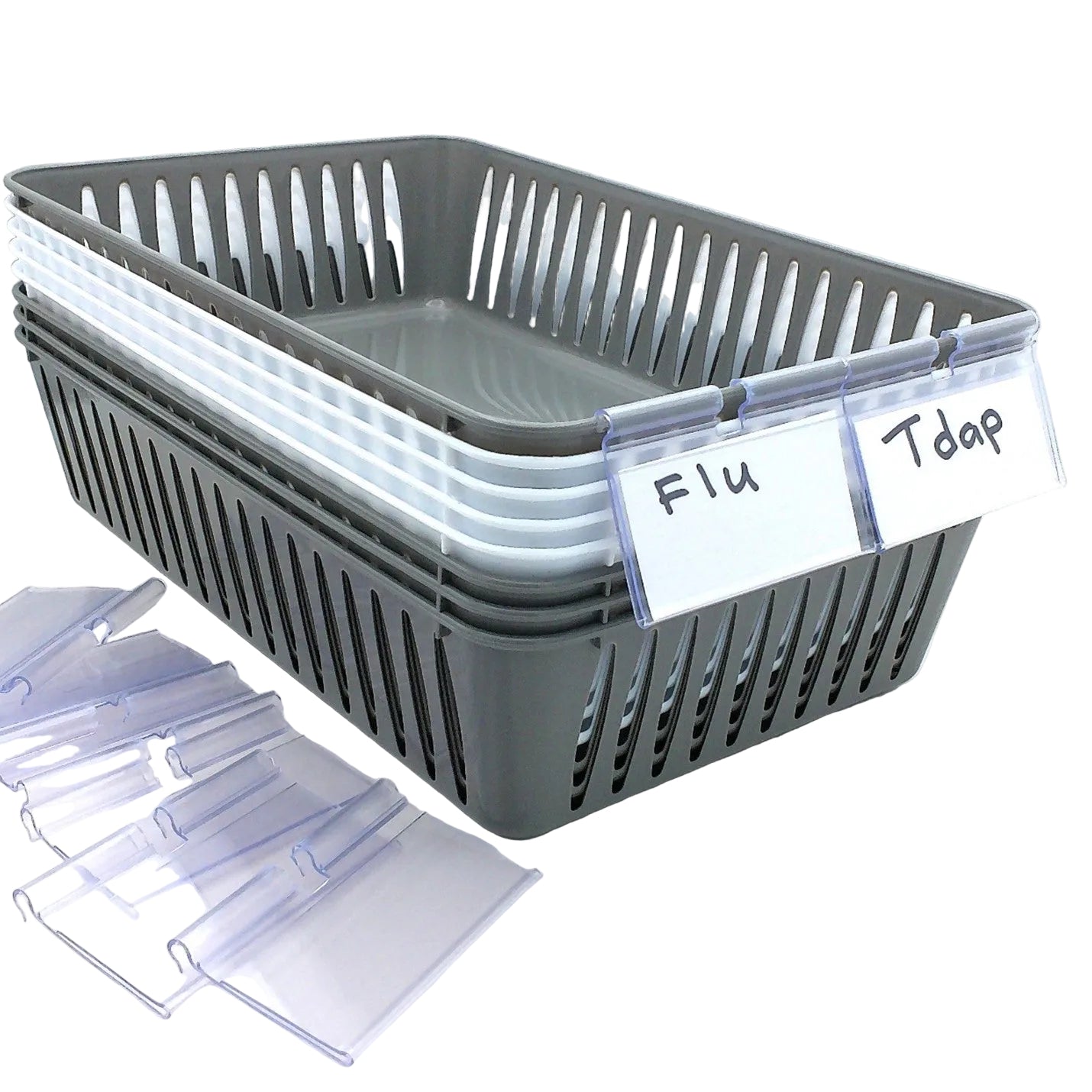 8 Storage Baskets 9.5" x 5.5" & 12 Label Holders With Cards, Grey & White