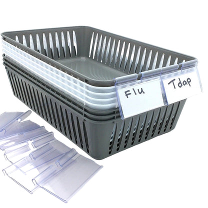 8 Storage Baskets 9.5" x 5.5" & 12 Label Holders With Cards, Grey & White