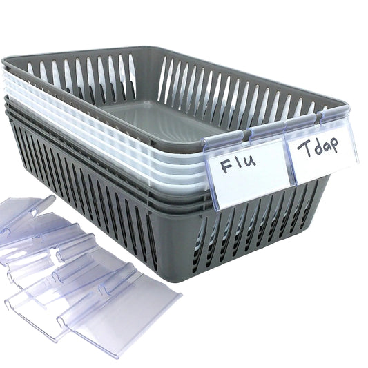 8 Storage Baskets 9.5" x 5.5" & 12 Label Holders With Cards, Grey & White