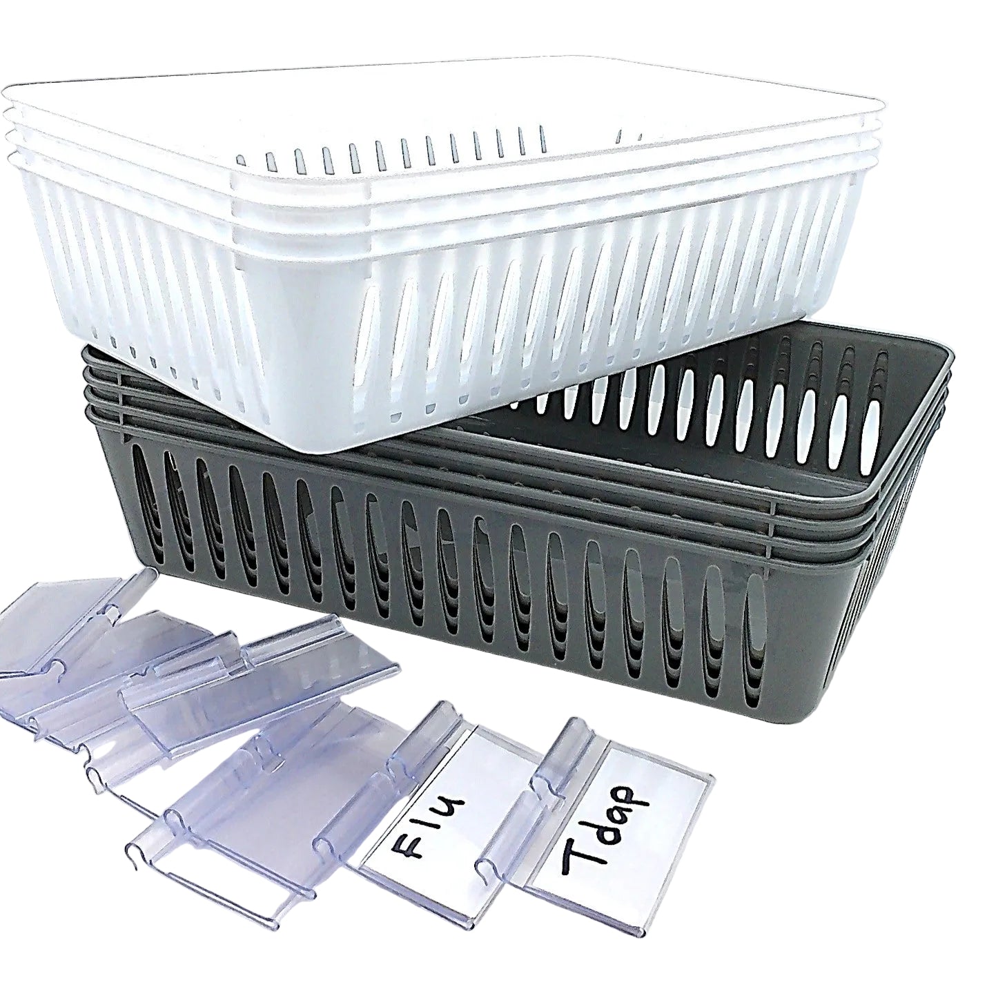 8 Storage Baskets 9.5" x 5.5" & 12 Label Holders With Cards, Grey & White