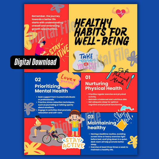 Digital File, 8x11", 18x24" Healthy Habits Animated Poster, PDF Digital Print