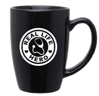 Real Life Hero" Black Mug & 1.5" Matching Pin-Button, Gift Set
