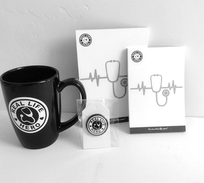 Real Life Hero" Black 14oz Mug, Notepads, & Matching 1.5" Button, Gift Set