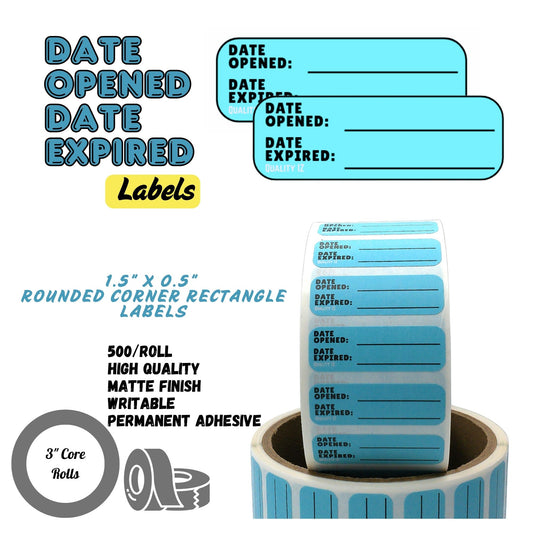 Date Opened Date Expired Labels, 1.5" x 0.5" (Blue, 500/roll)