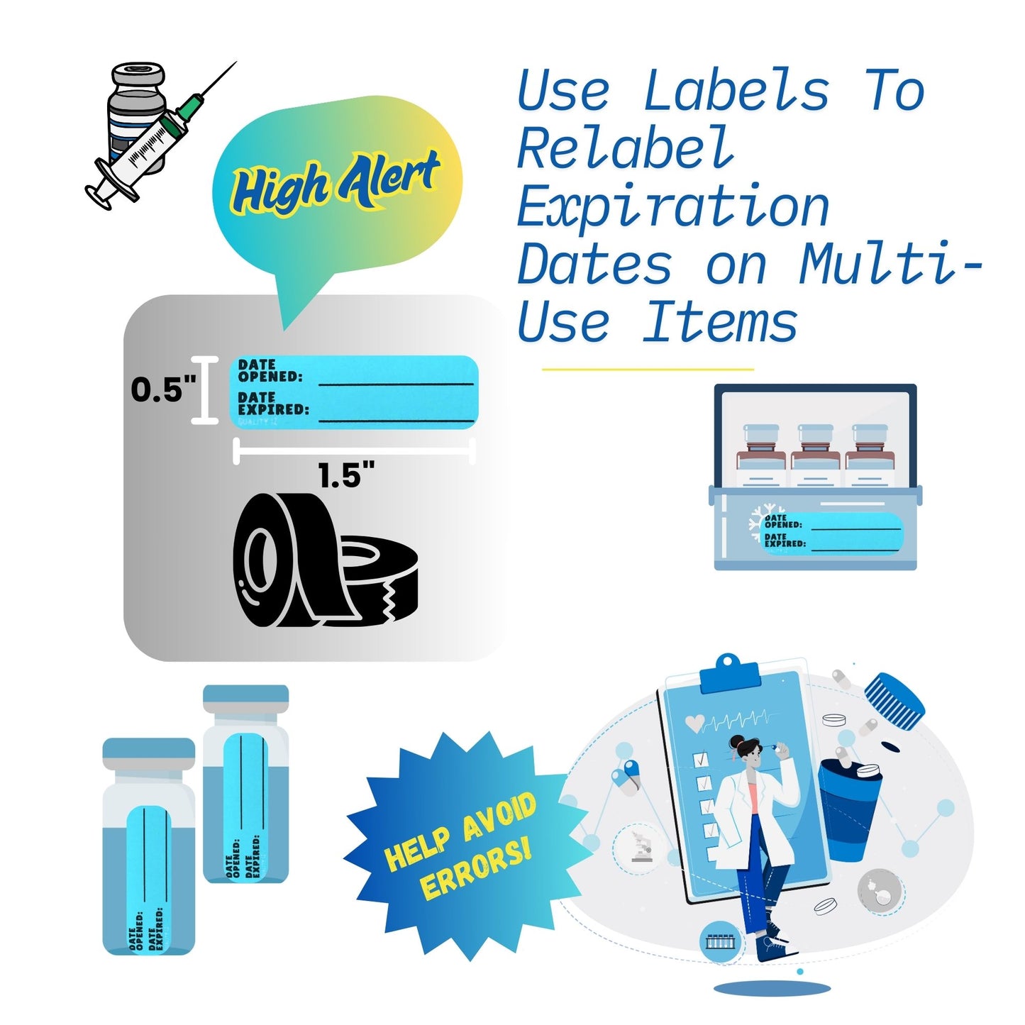 Date Opened Date Expired Labels, 1.5" x 0.5" (Blue, 500/roll)