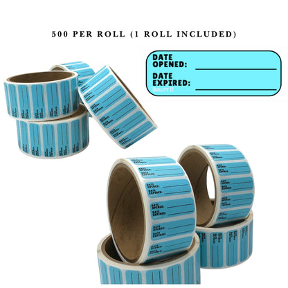 Date Opened Date Expired Labels, 1.5" x 0.5" (Blue, 500/roll)