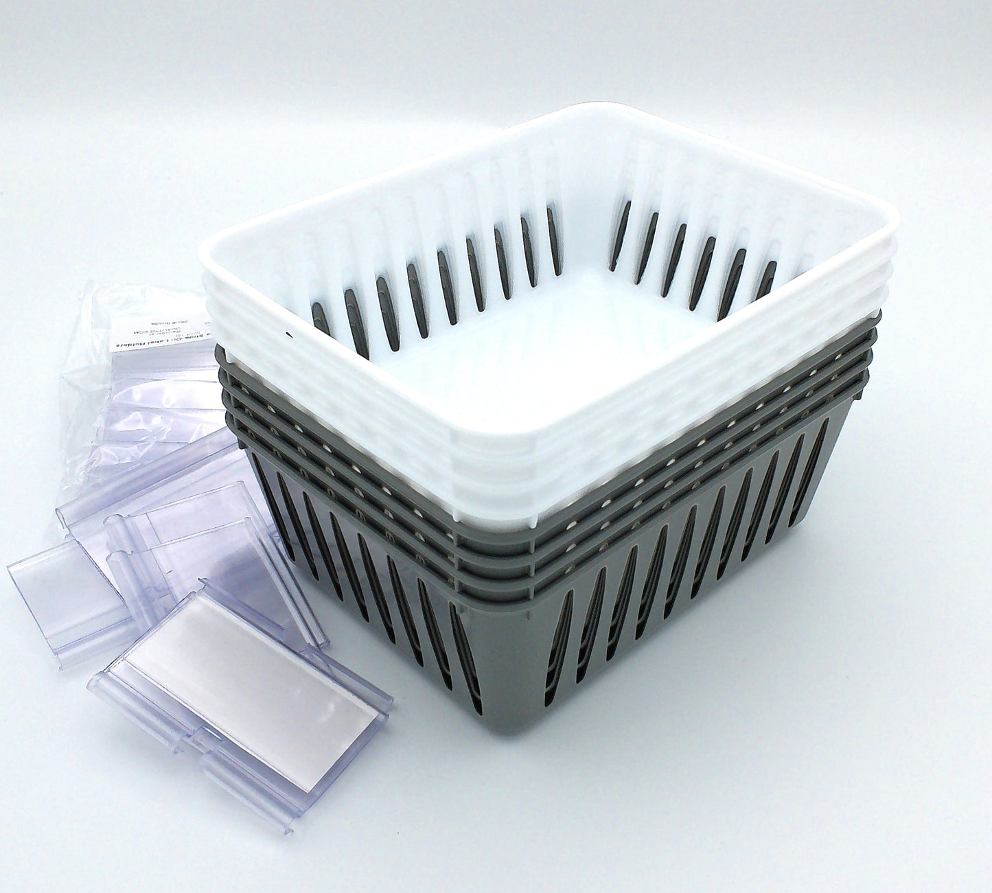 8 Storage Baskets 6.25" x 4.75" & 12 Label Holders With Cards, Grey & White
