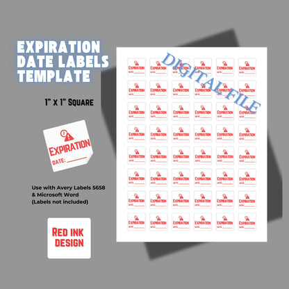 Digital File, DIY, 1x1" Expiration Date Labels, Printable Digital File, Red Bright Design Template