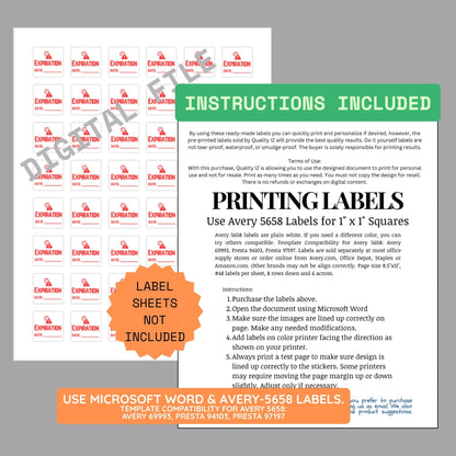 Digital File, DIY, 1x1" Expiration Date Labels, Printable Digital File, Red Bright Design Template