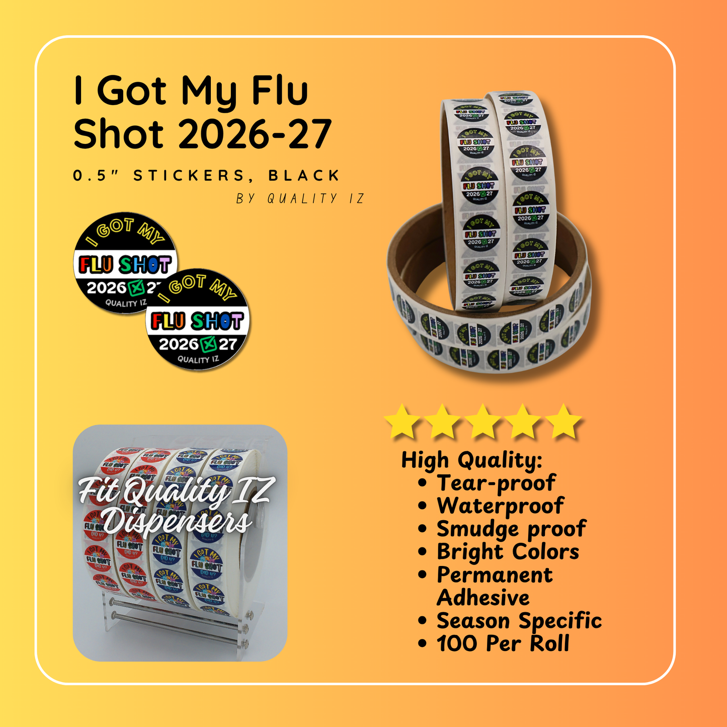 2026-27, 0.5" I Got My Flu Shot 2026-27 Stickers (Black, 100 Per Roll)