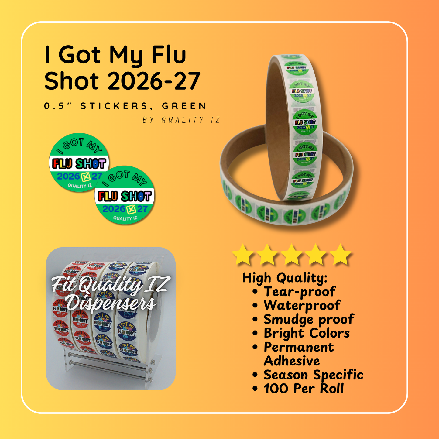 2026-27, 0.5" I Got My Flu Shot 2026-27 Stickers (Green, 100 Per Roll)