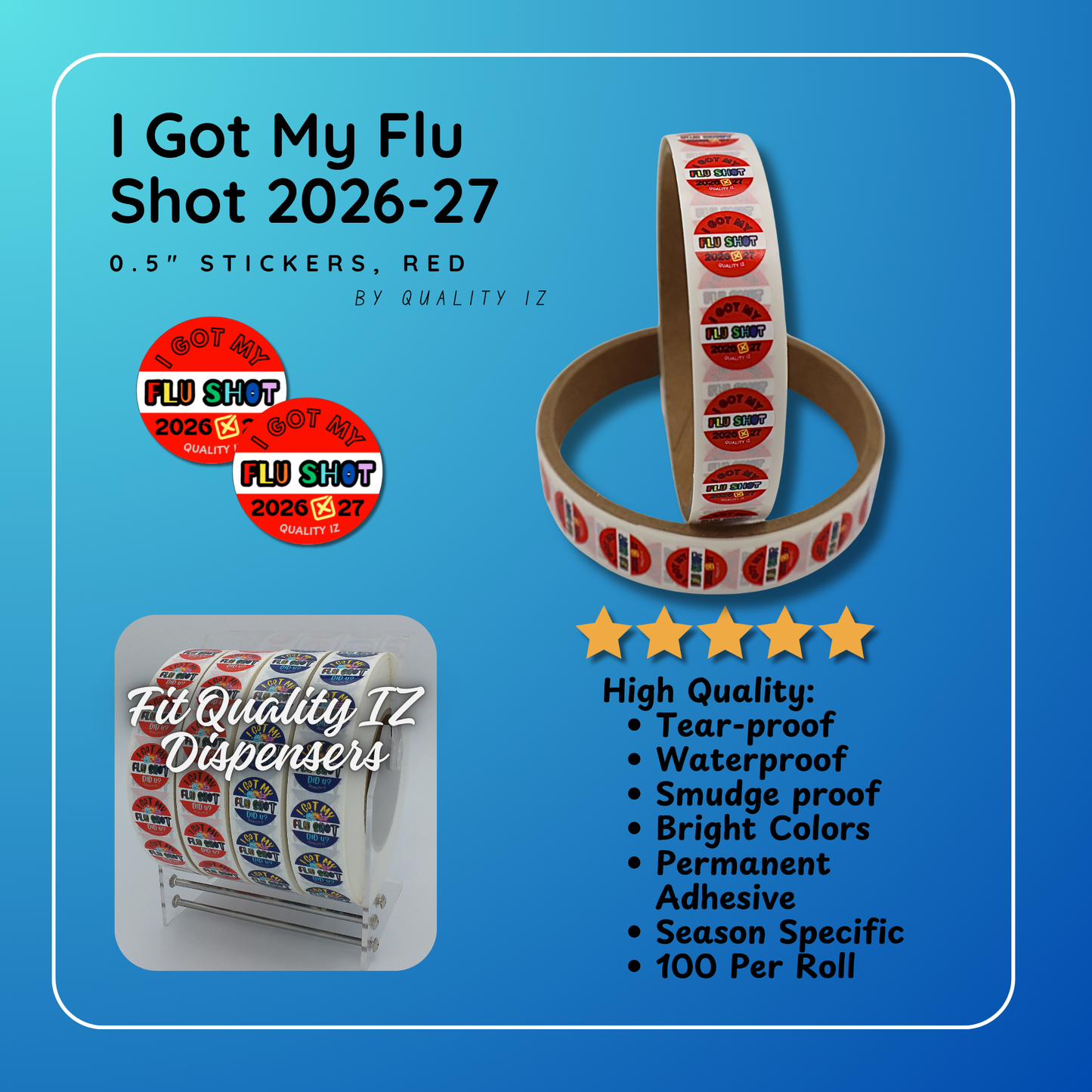 2026-27, 0.5" I Got My Flu Shot 2026-27 Stickers (Red, 100 Per Roll)