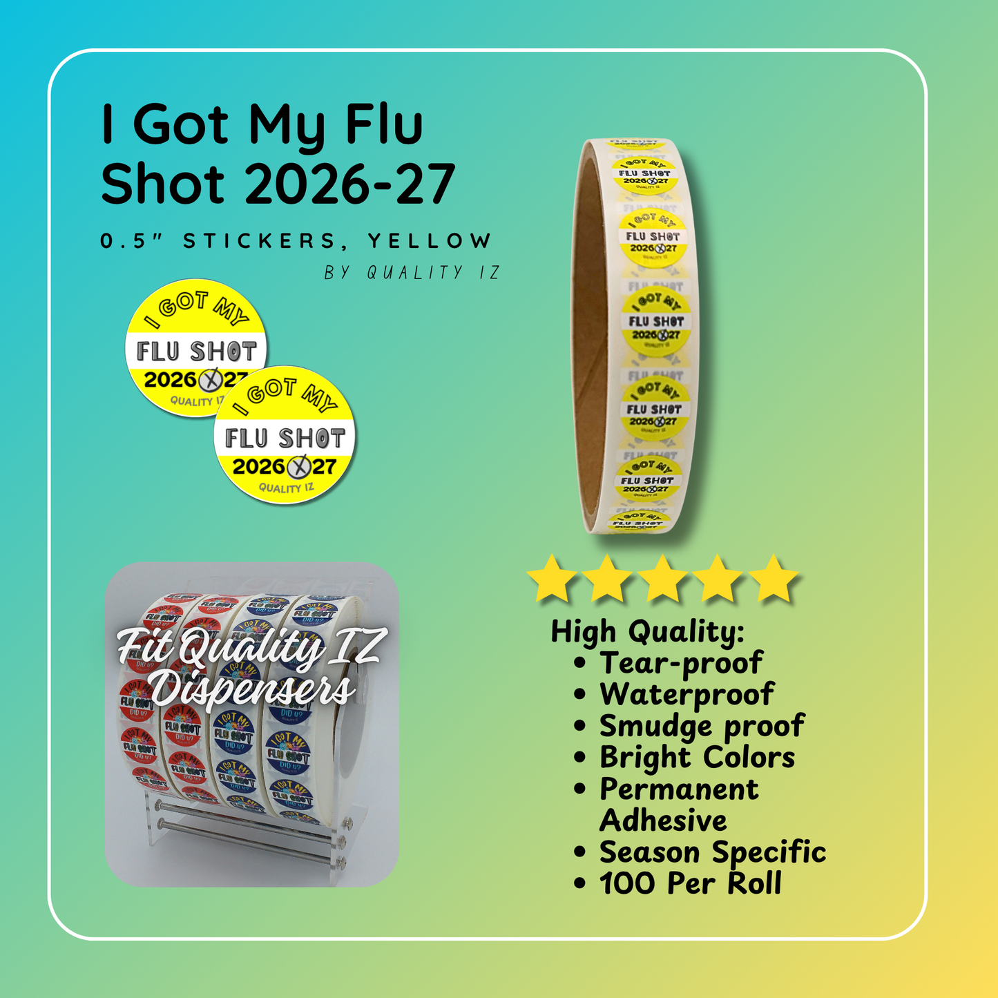 2026-27, 0.5" I Got My Flu Shot 2026-27 Stickers (Yellow, 100 Per Roll)