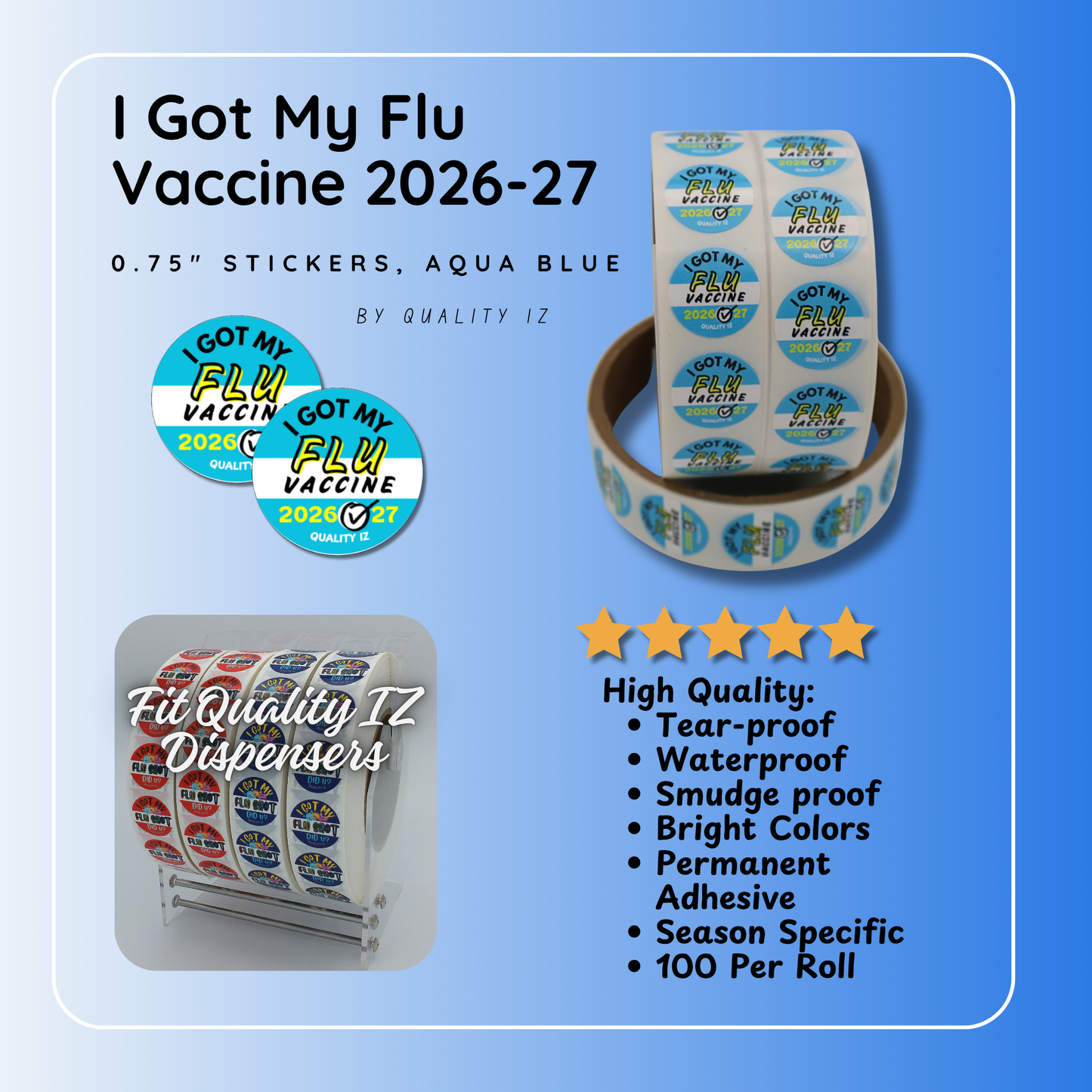 0.75" I Got My Flu Vaccine 2026-27 Stickers (100 Per Roll, Aqua Blue)