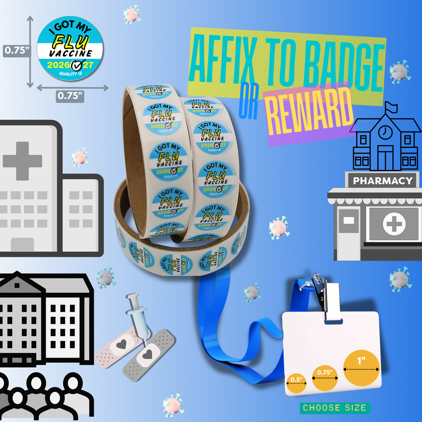 0.75" I Got My Flu Vaccine 2026-27 Stickers (100 Per Roll, Aqua Blue)